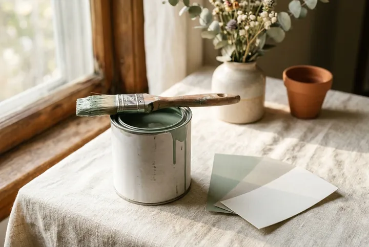 A tin of sage green paint with a brush and swatch cards